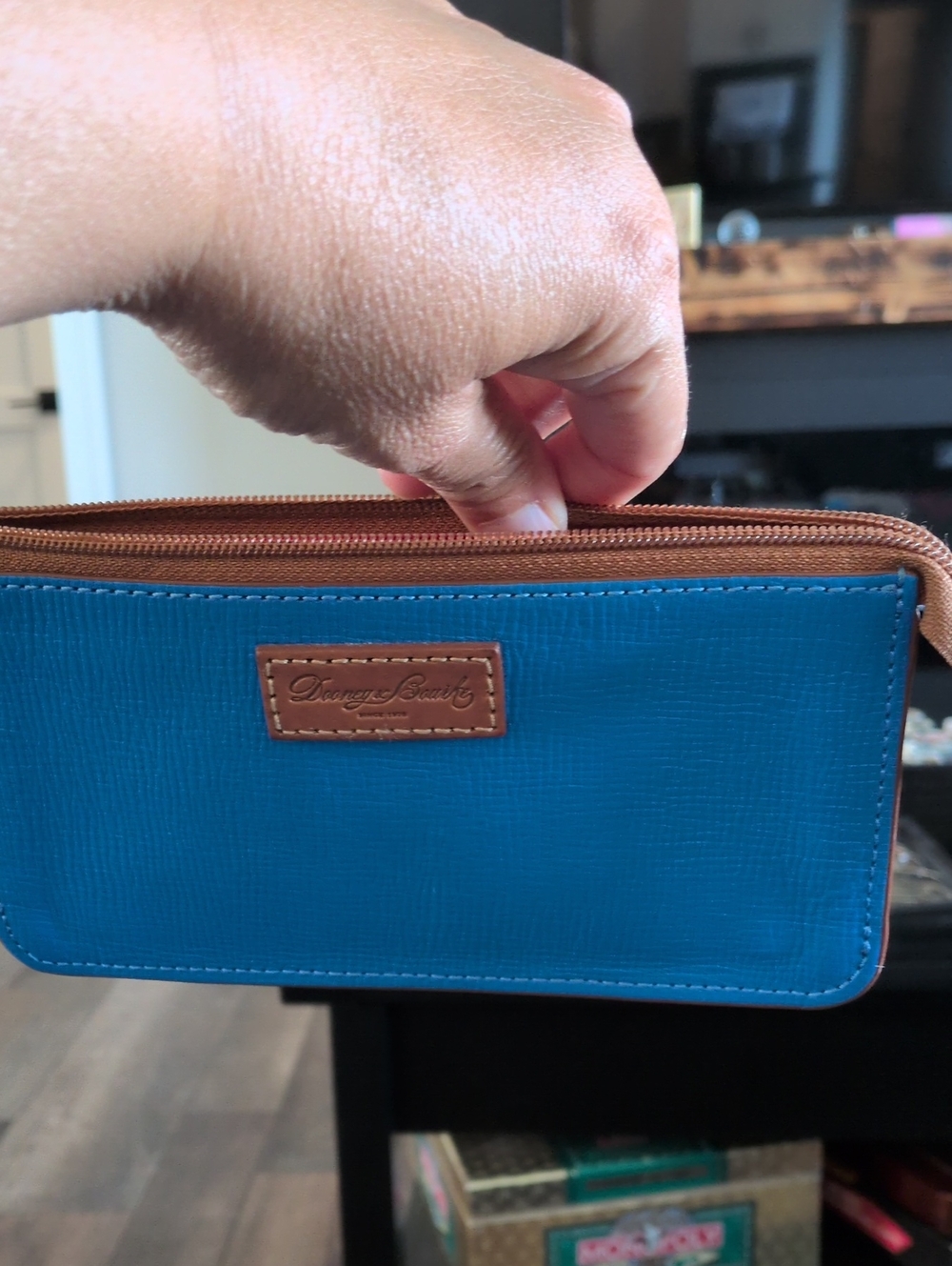 Dooney & Bourke Pebbled Blue and Brown Zip Clutch/Wristlet